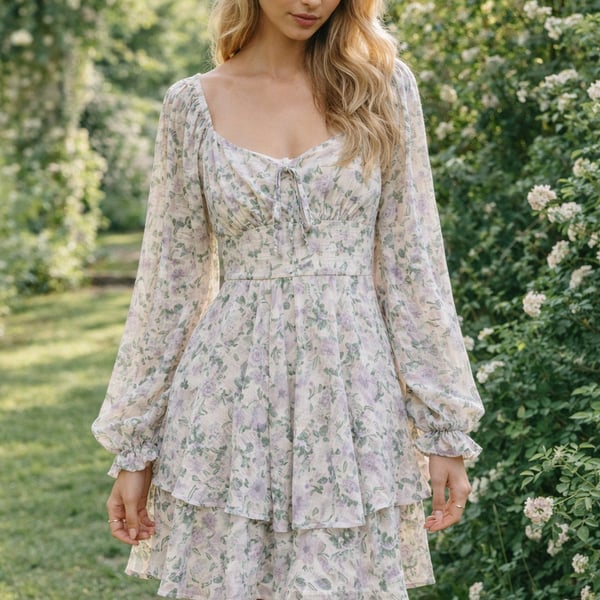 Crystal Doll Juniors Long-Sleeve Tiered Floral Mini Dress in Lavender and Green