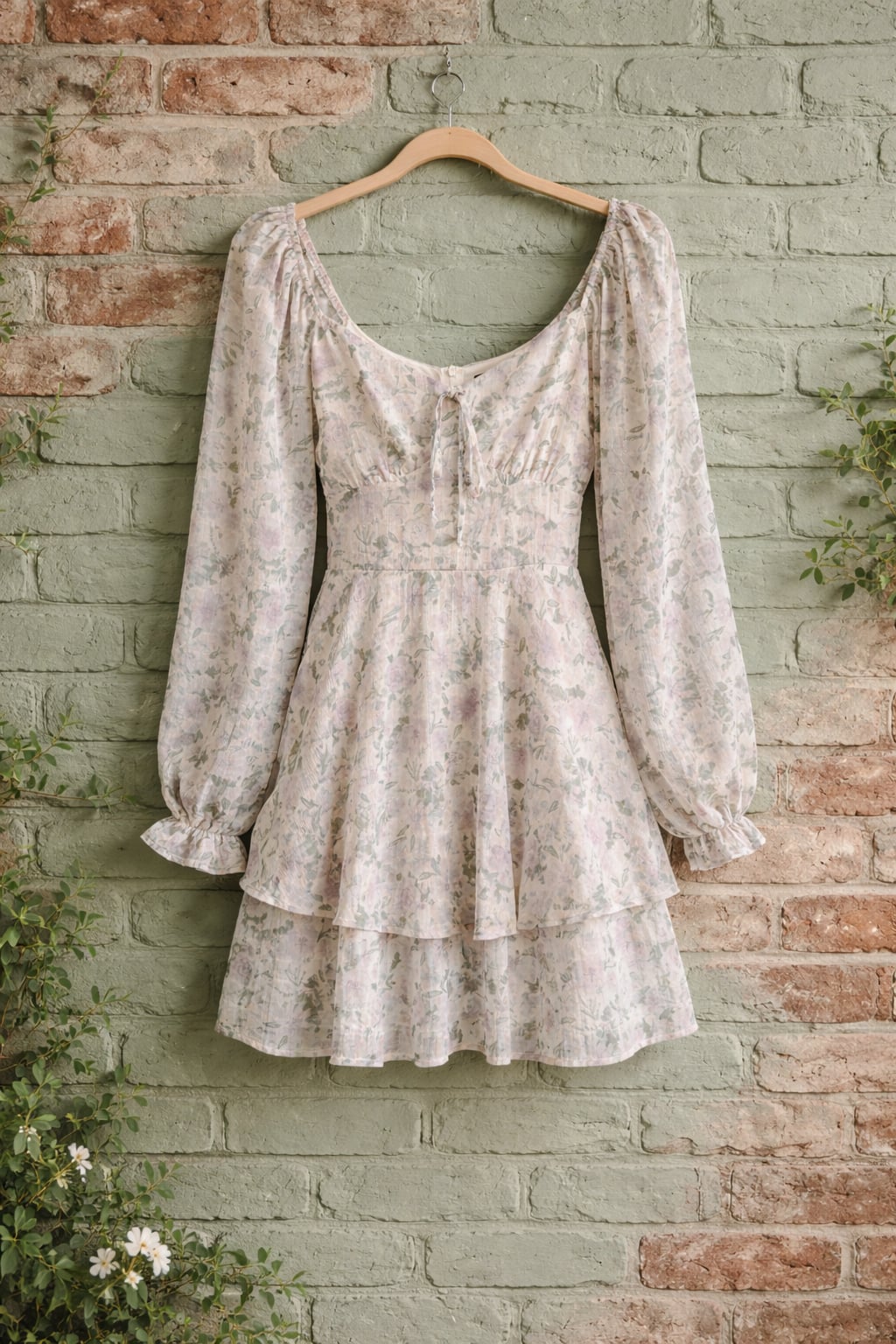 Crystal Doll Juniors Long-Sleeve Tiered Floral Mini Dress in Lavender and Green 3