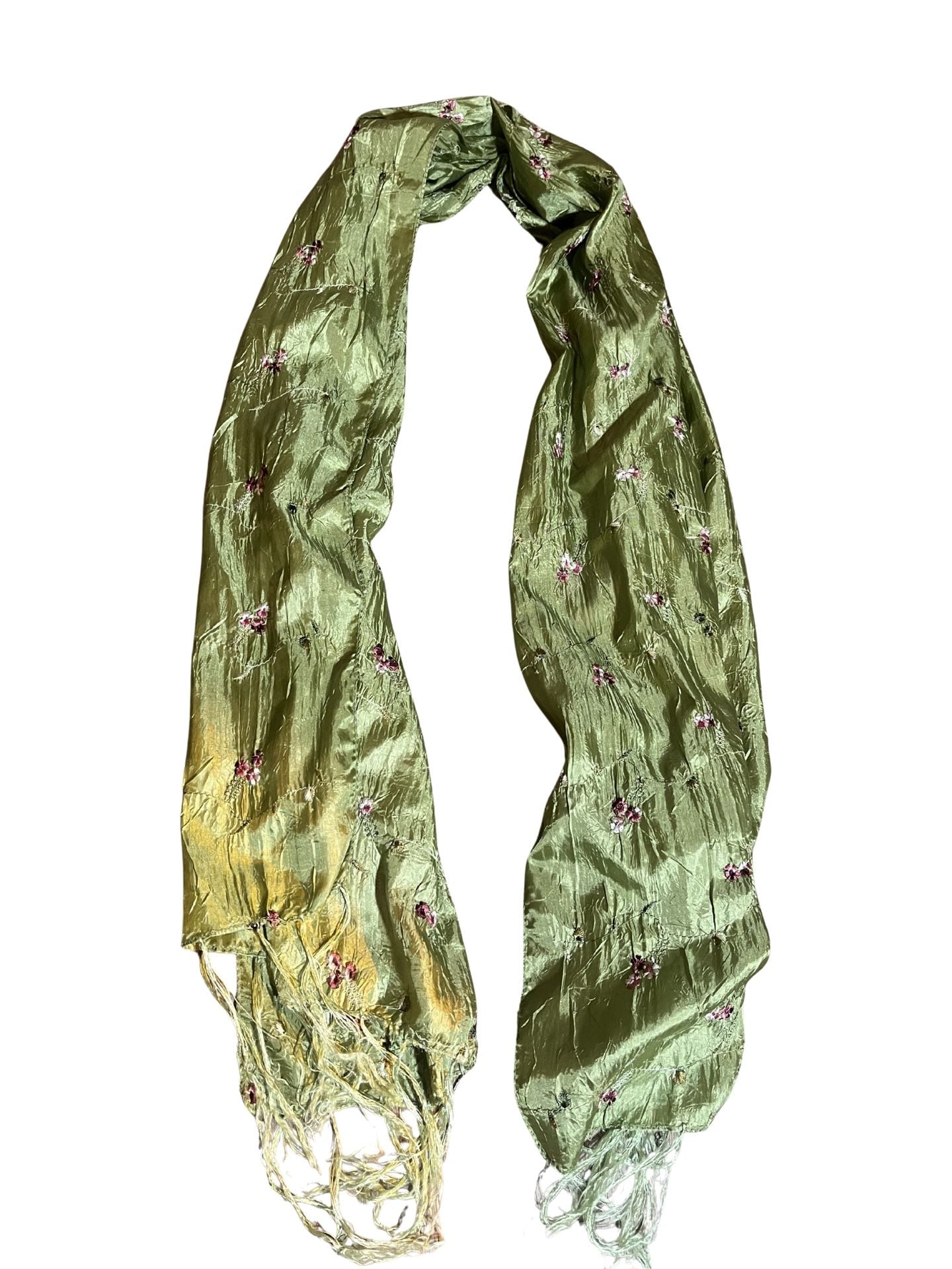 Thai Sage Green Silk Scarf, Embroidered Pink Flowers 1