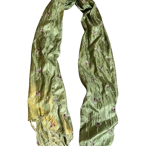 Thai Sage Green Silk Scarf, Embroidered Pink Flowers