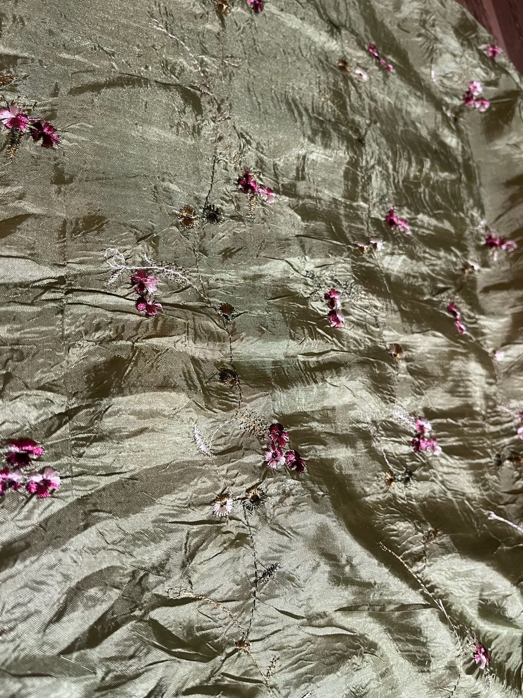 Thai Sage Green Silk Scarf, Embroidered Pink Flowers 2
