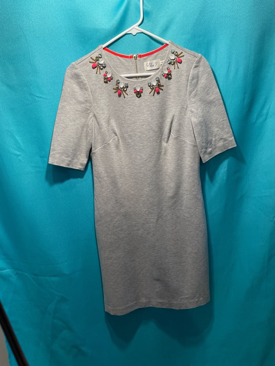 Eliza J Heather Gray Embellished Neckline Ponte Shift Dress Size 6 2
