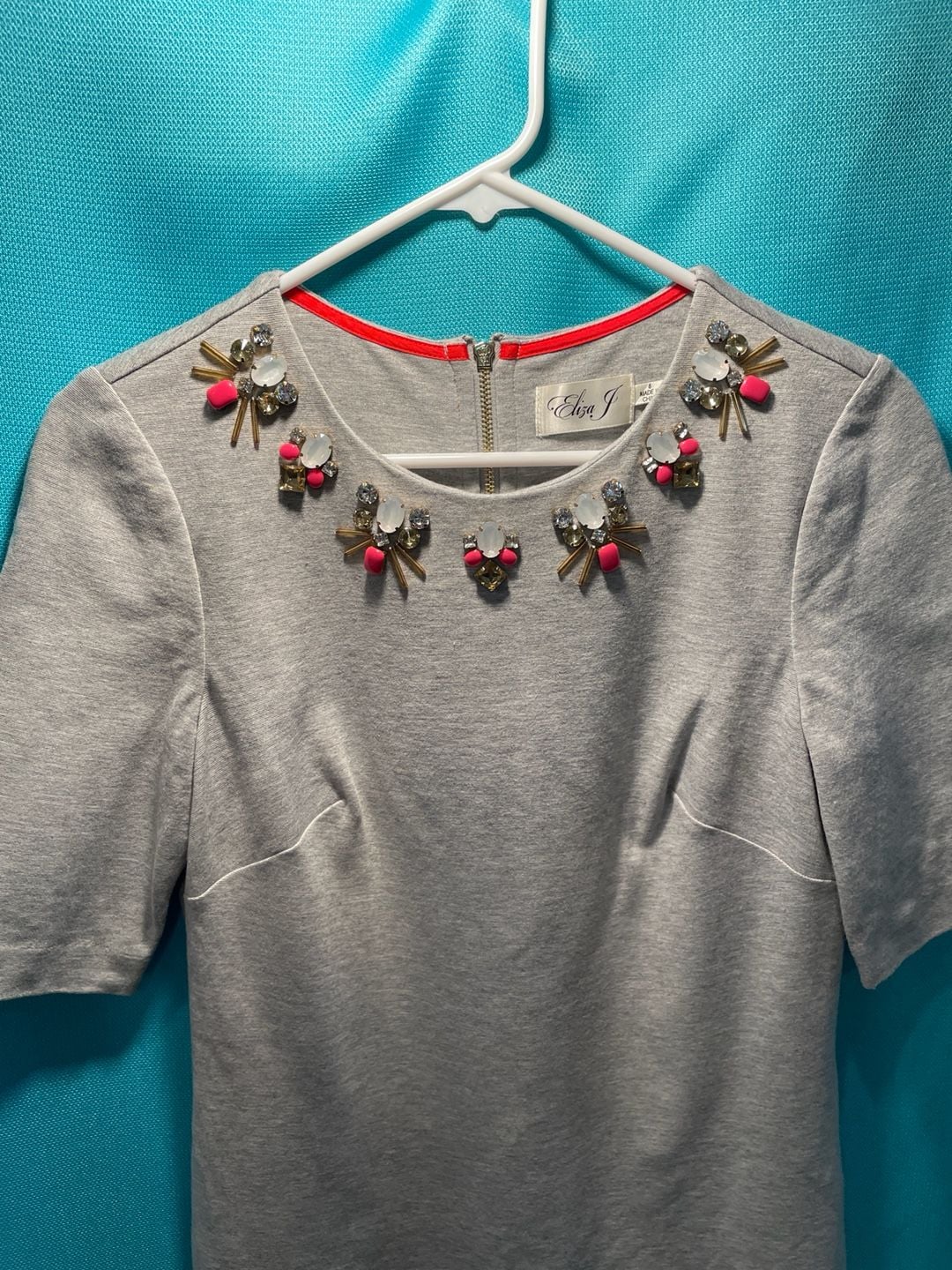 Eliza J Heather Gray Embellished Neckline Ponte Shift Dress Size 6 4