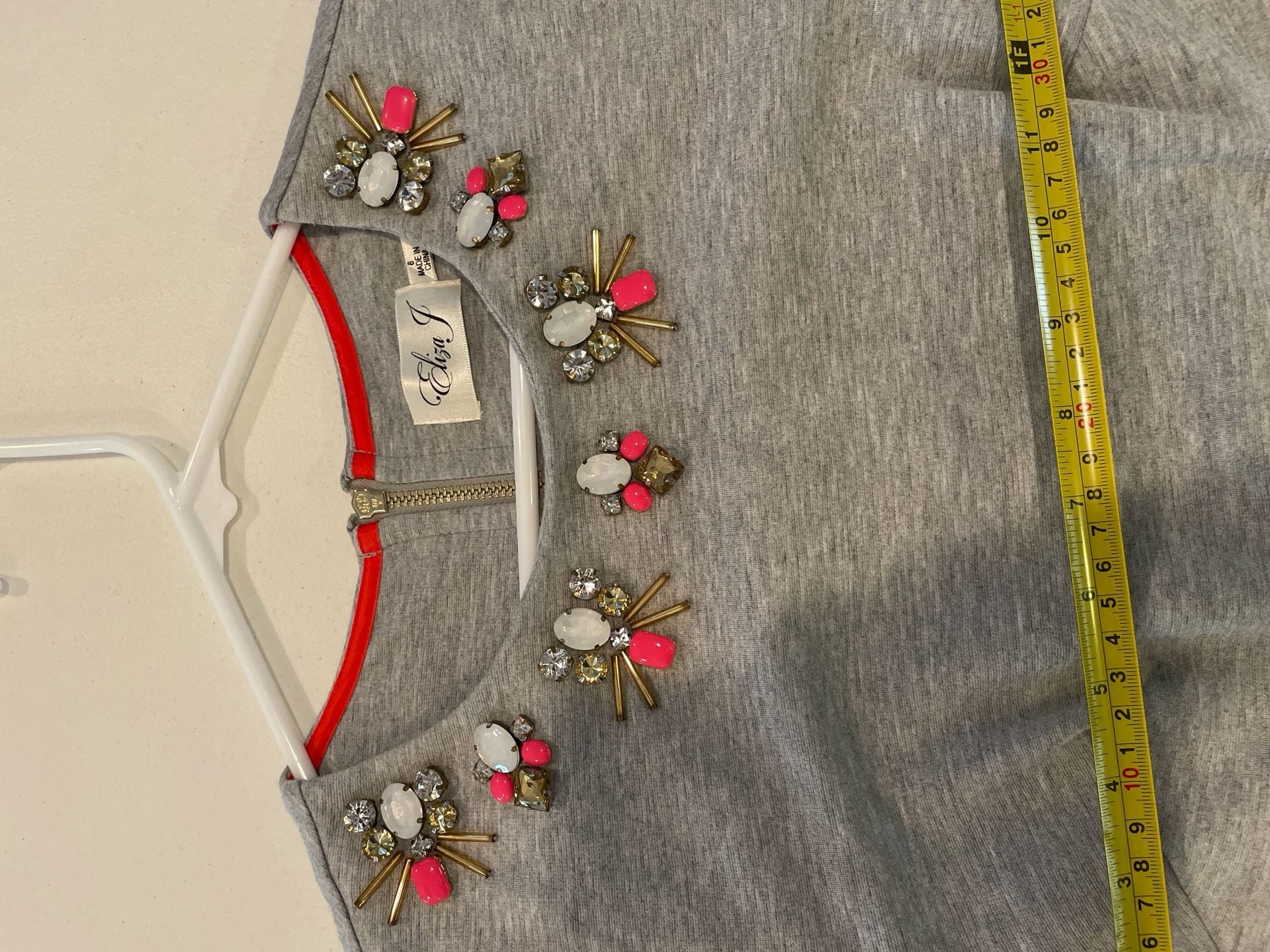 Eliza J Heather Gray Embellished Neckline Ponte Shift Dress Size 6 10