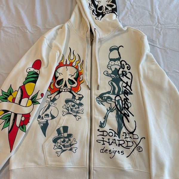 Ed Hardy Men's Flame Skull Graphic Zip-Up Hoodie in Ivory