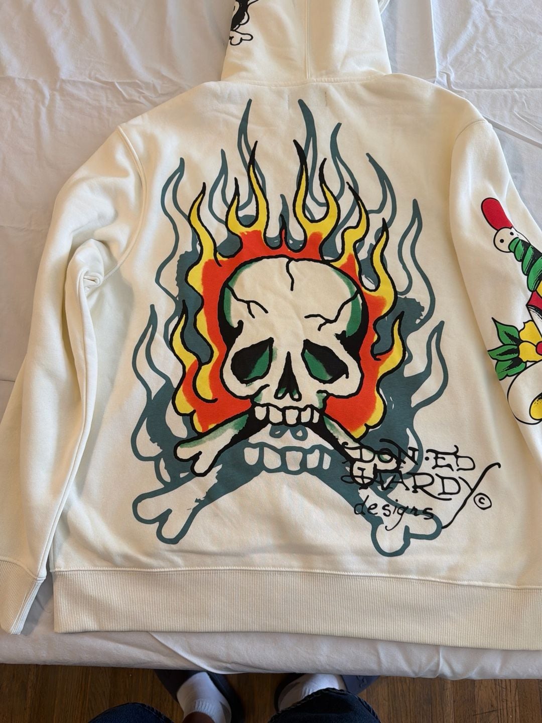 Ed Hardy Men's Flame Skull Graphic Zip-Up Hoodie in Ivory 7