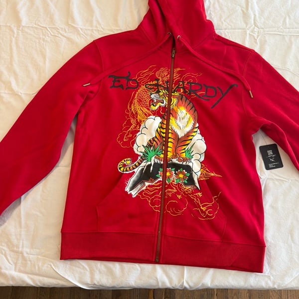 Ed Hardy Tiger Mountain Zip Front Hoodie - Red