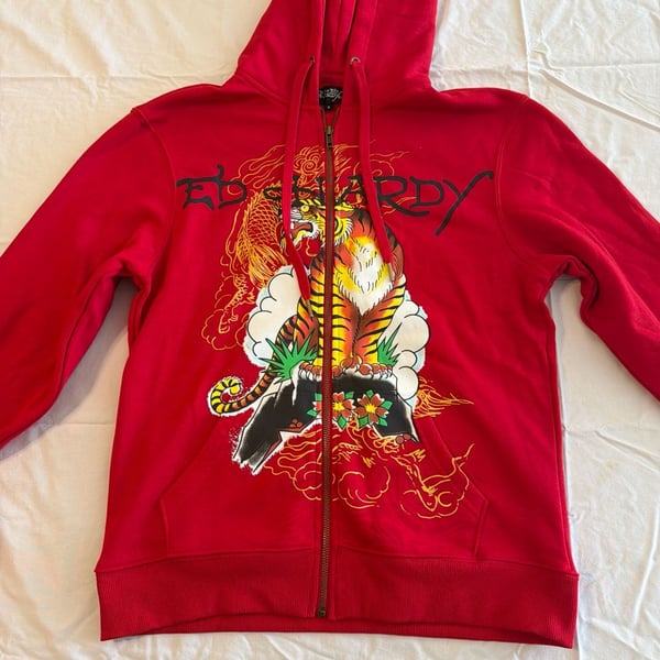 Ed Hardy Tiger Mountain Red Zip Front Hoodie