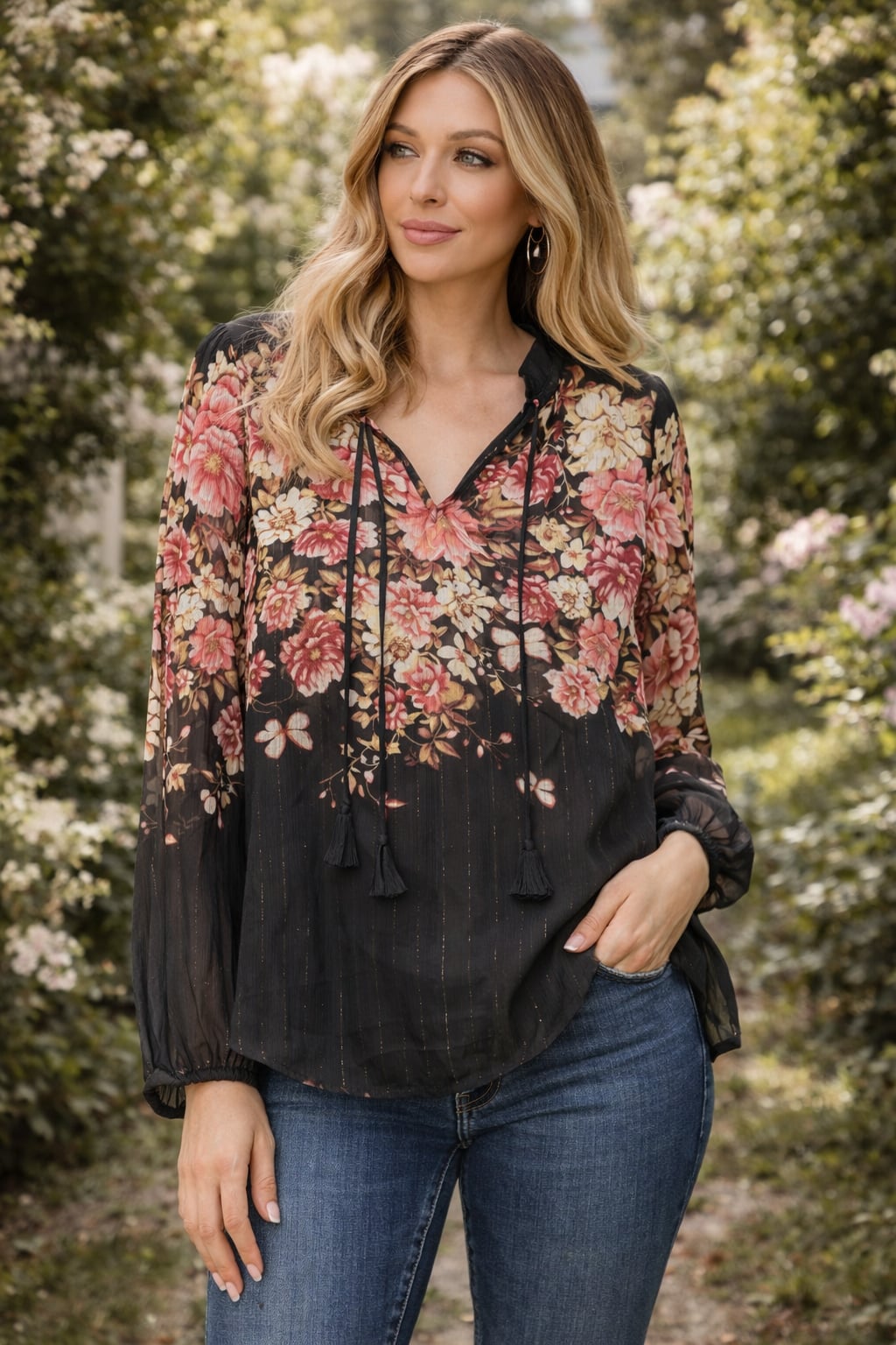Autres Filles Black Floral Chiffon Tassel Tie Blouse with Metallic Stripes 2