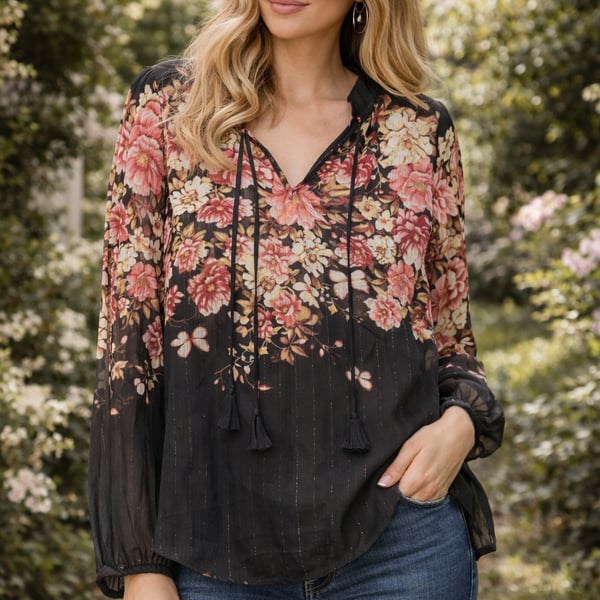 Autres Filles Black Floral Chiffon Tassel Tie Blouse with Metallic Stripes