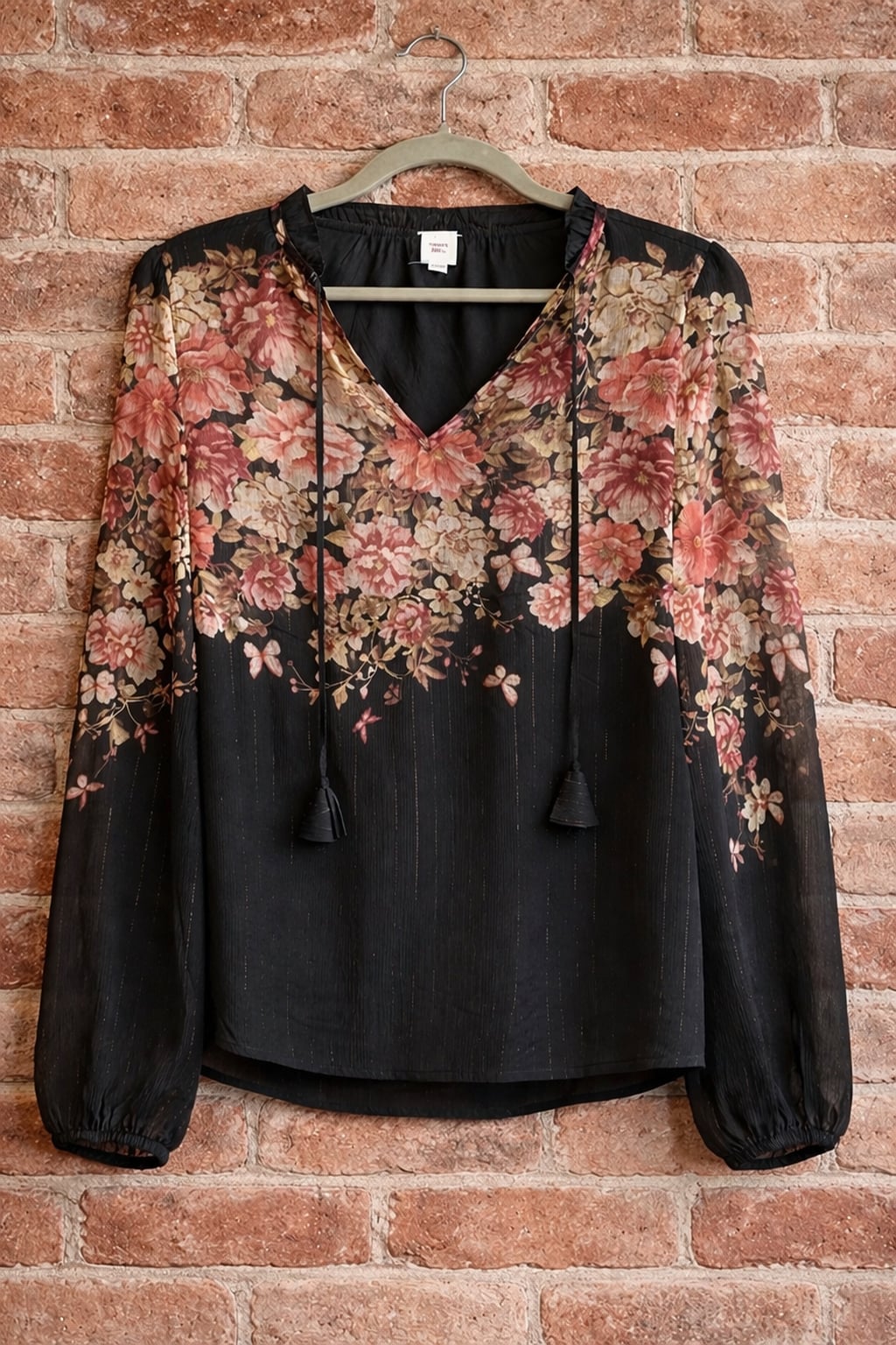 Autres Filles Black Floral Chiffon Tassel Tie Blouse with Metallic Stripes 3