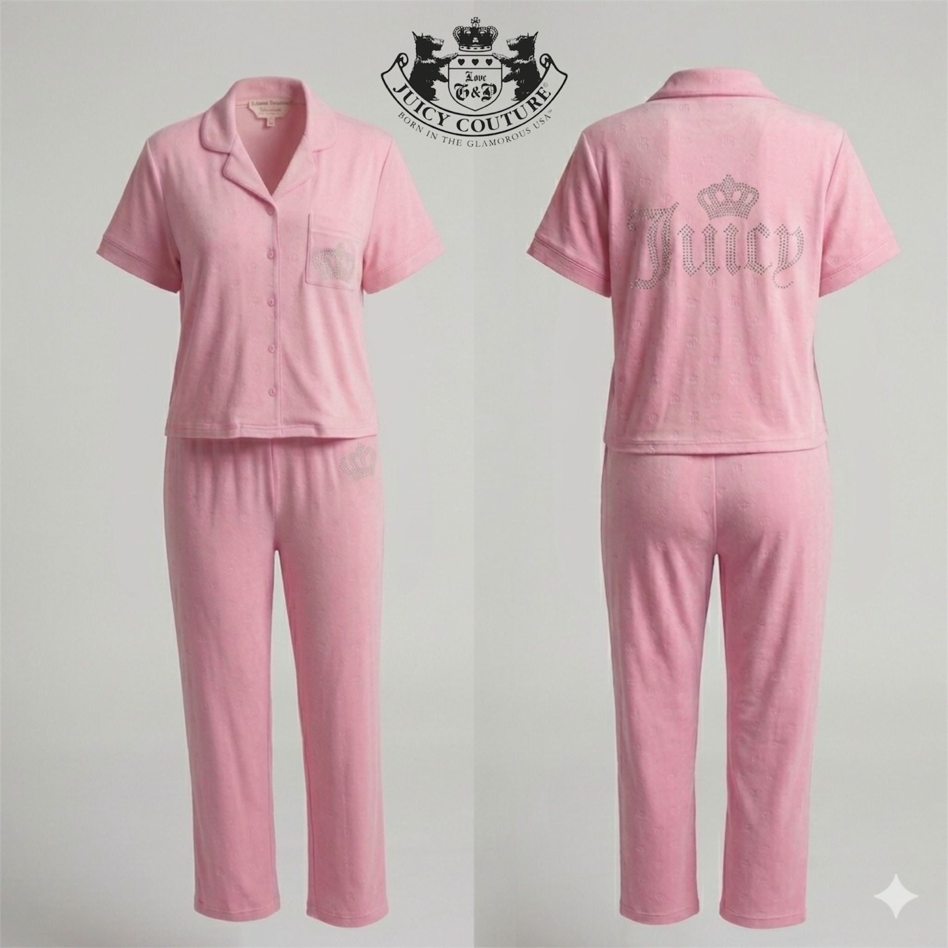 Juicy Couture Pink Rhinestone Logo Short Sleeve Notch Collar Top and Pant Pajama Set 1
