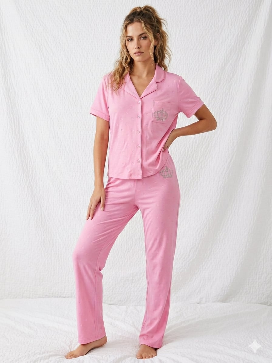 Juicy Couture Pink Rhinestone Logo Short Sleeve Notch Collar Top and Pant Pajama Set 2