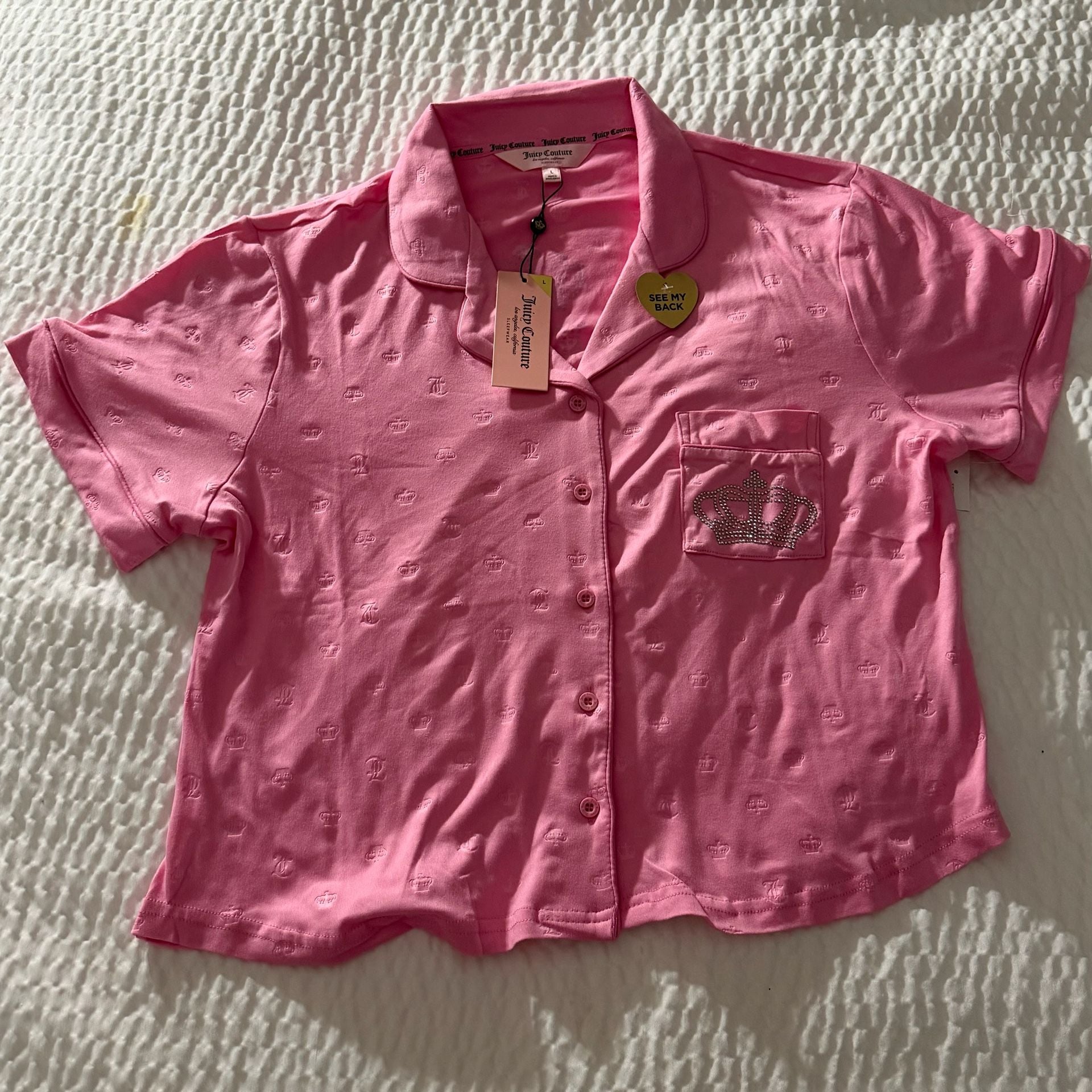 Juicy Couture Pink Rhinestone Logo Short Sleeve Notch Collar Top and Pant Pajama Set 3