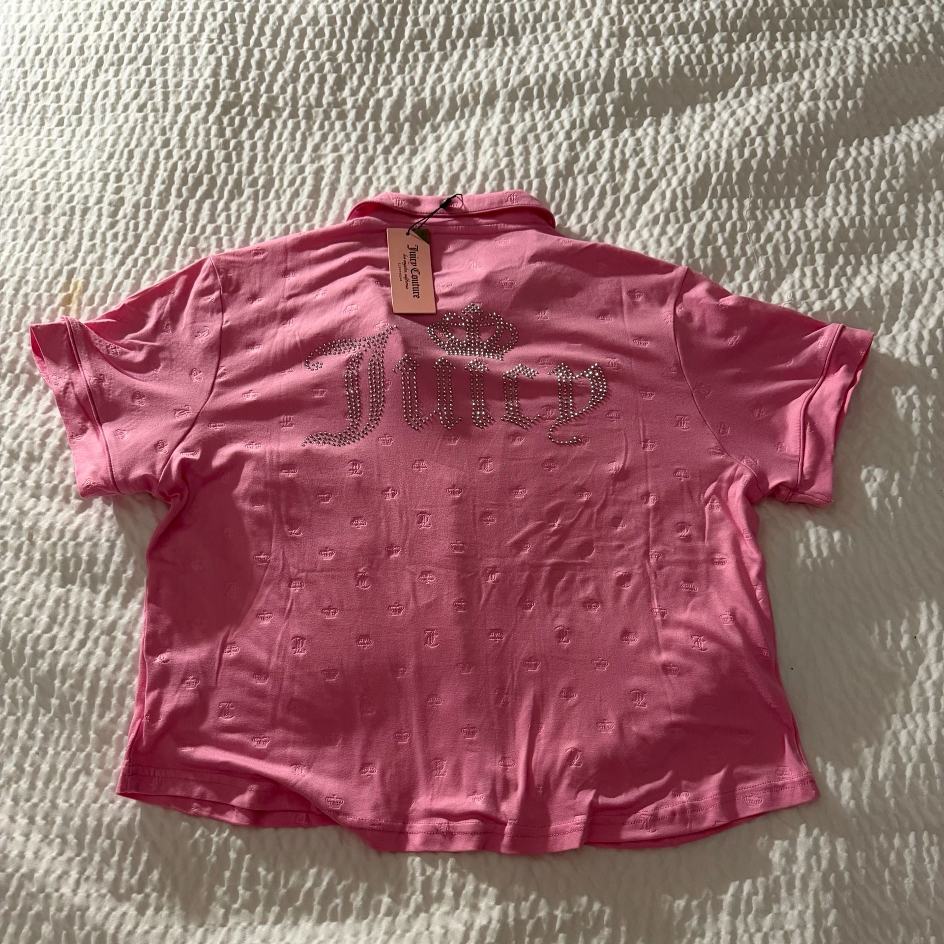 Juicy Couture Pink Rhinestone Logo Short Sleeve Notch Collar Top and Pant Pajama Set 4