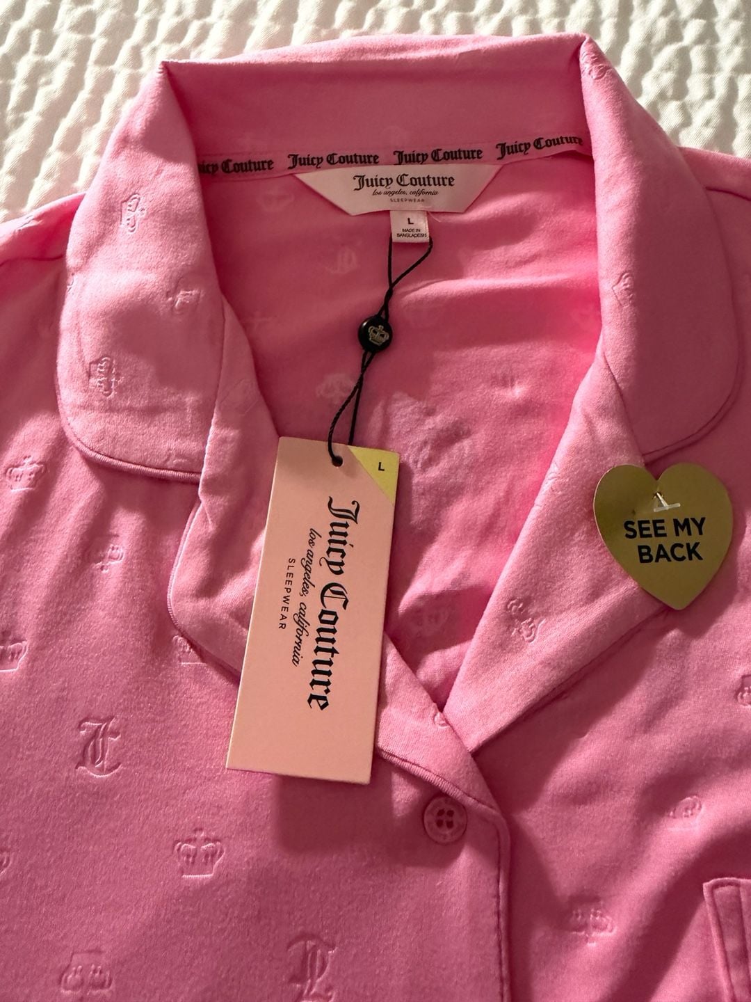 Juicy Couture Pink Rhinestone Logo Short Sleeve Notch Collar Top and Pant Pajama Set 7