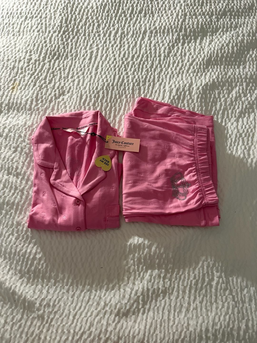 Juicy Couture Pink Rhinestone Logo Short Sleeve Notch Collar Top and Pant Pajama Set 8