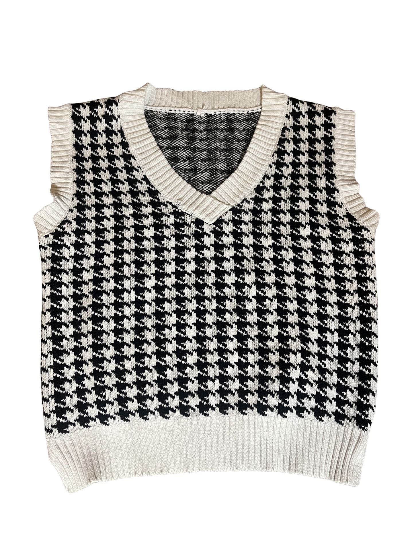 Women's Oversized Houndstooth V-Neck Knit Sweater Vest Black & White 2