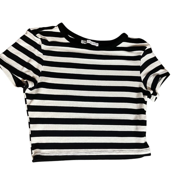 Zara Striped Short Sleeve Soft Crop Top Black and White