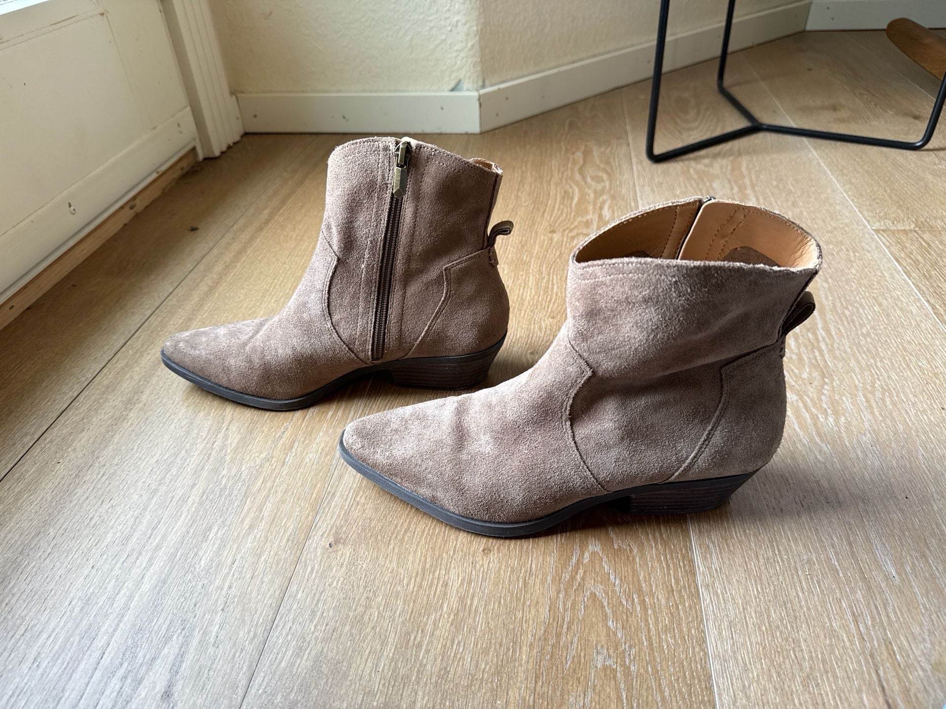 Crown Vintage Suede Pointed Toe Ankle Booties in Taupe 3
