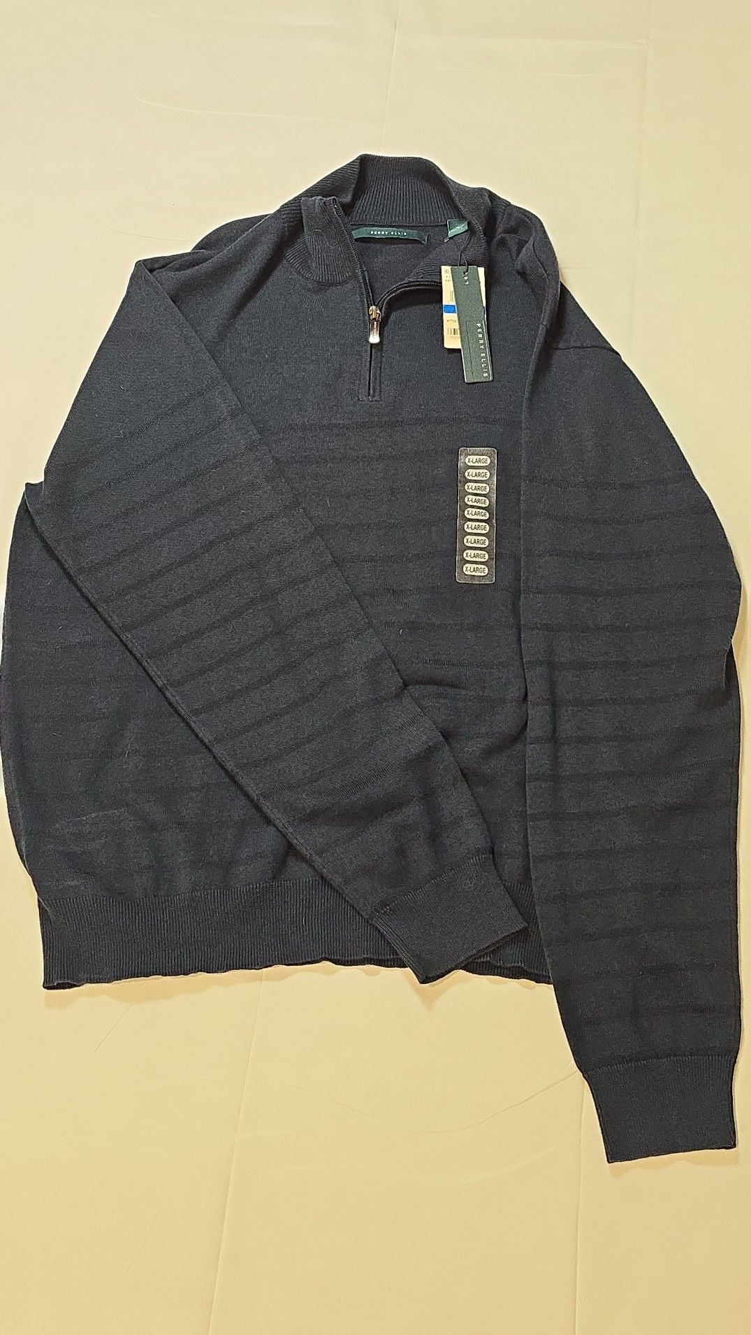 NWT Perry Ellis Men's Eclipse Principles 1/4 Zip Striped Knit Sweater XL Navy Blue 2