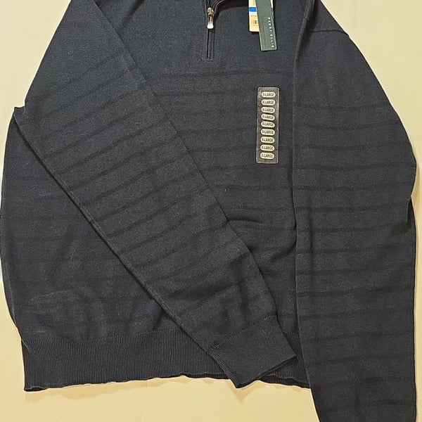 NWT Perry Ellis Men's Eclipse Principles 1/4 Zip Striped Knit Sweater XL Navy Blue