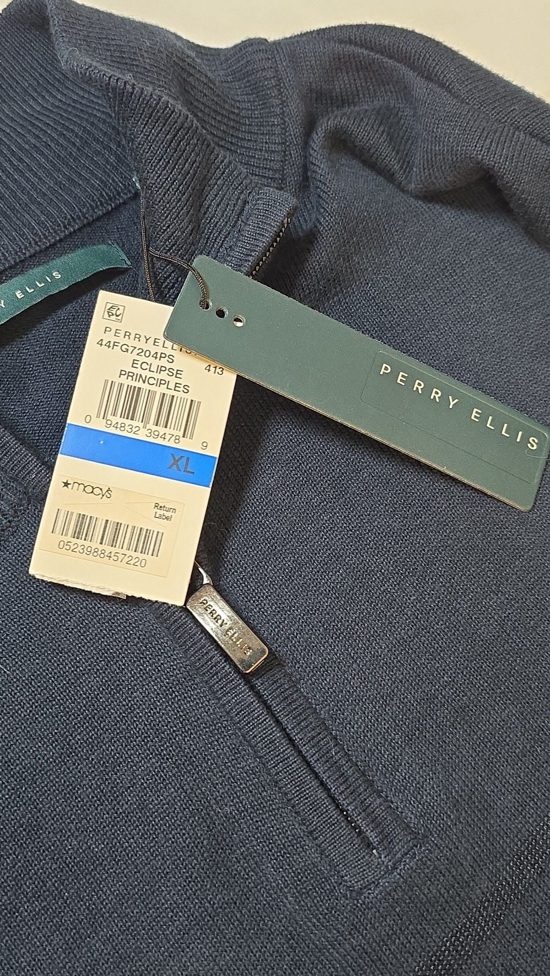 NWT Perry Ellis Men's Eclipse Principles 1/4 Zip Striped Knit Sweater XL Navy Blue 5