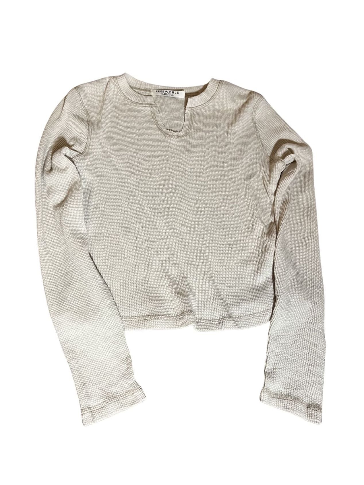 FREEWORLD Women's Long Sleeve Waffle Knit Crop Top, Notch Neck 1