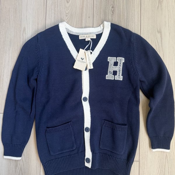 Hope & Henry Boys' Organic Cotton Varsity Letter Cardigan - Spring Navy