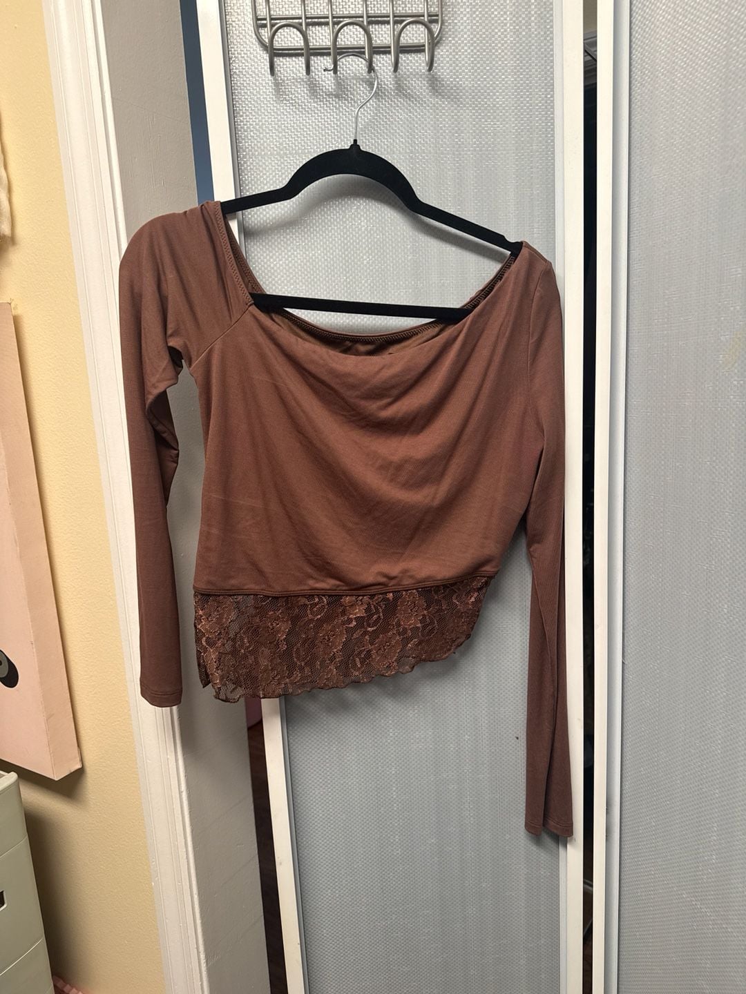 White Fox Perfect Timing Off The Shoulder Long Sleeve Crop Top in Chocolate 2
