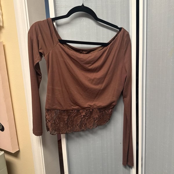 White Fox Perfect Timing Off The Shoulder Long Sleeve Crop Top in Chocolate