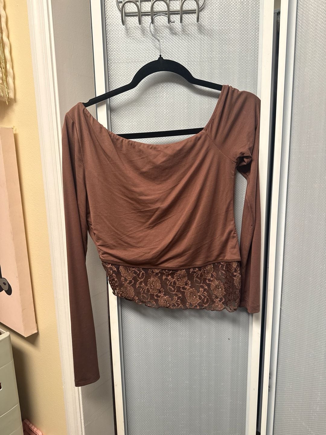 White Fox Perfect Timing Off The Shoulder Long Sleeve Crop Top in Chocolate 4