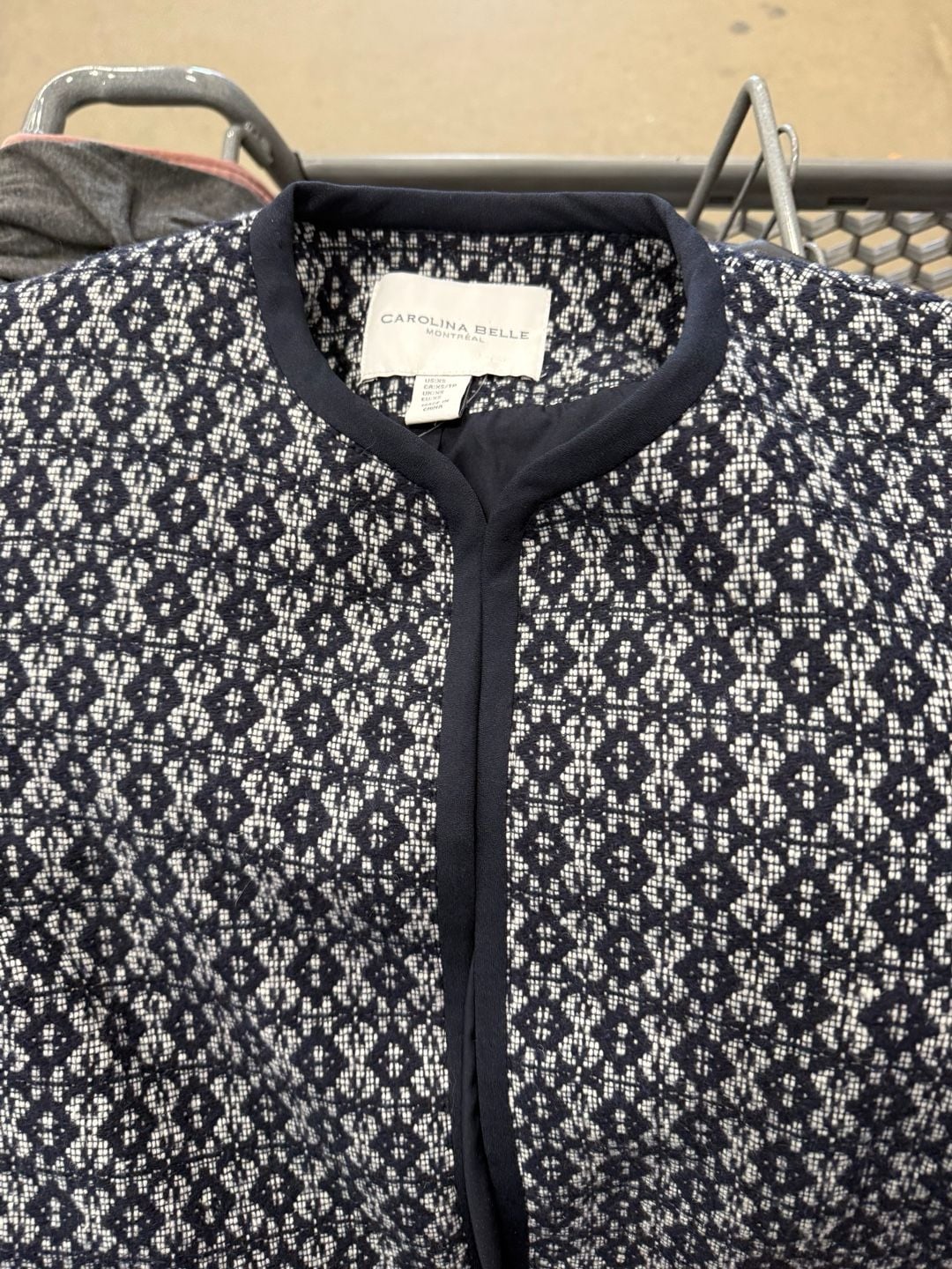 Carolina Belle Montreal Navy and White Geometric Pattern Collarless Open Front Jacket 2