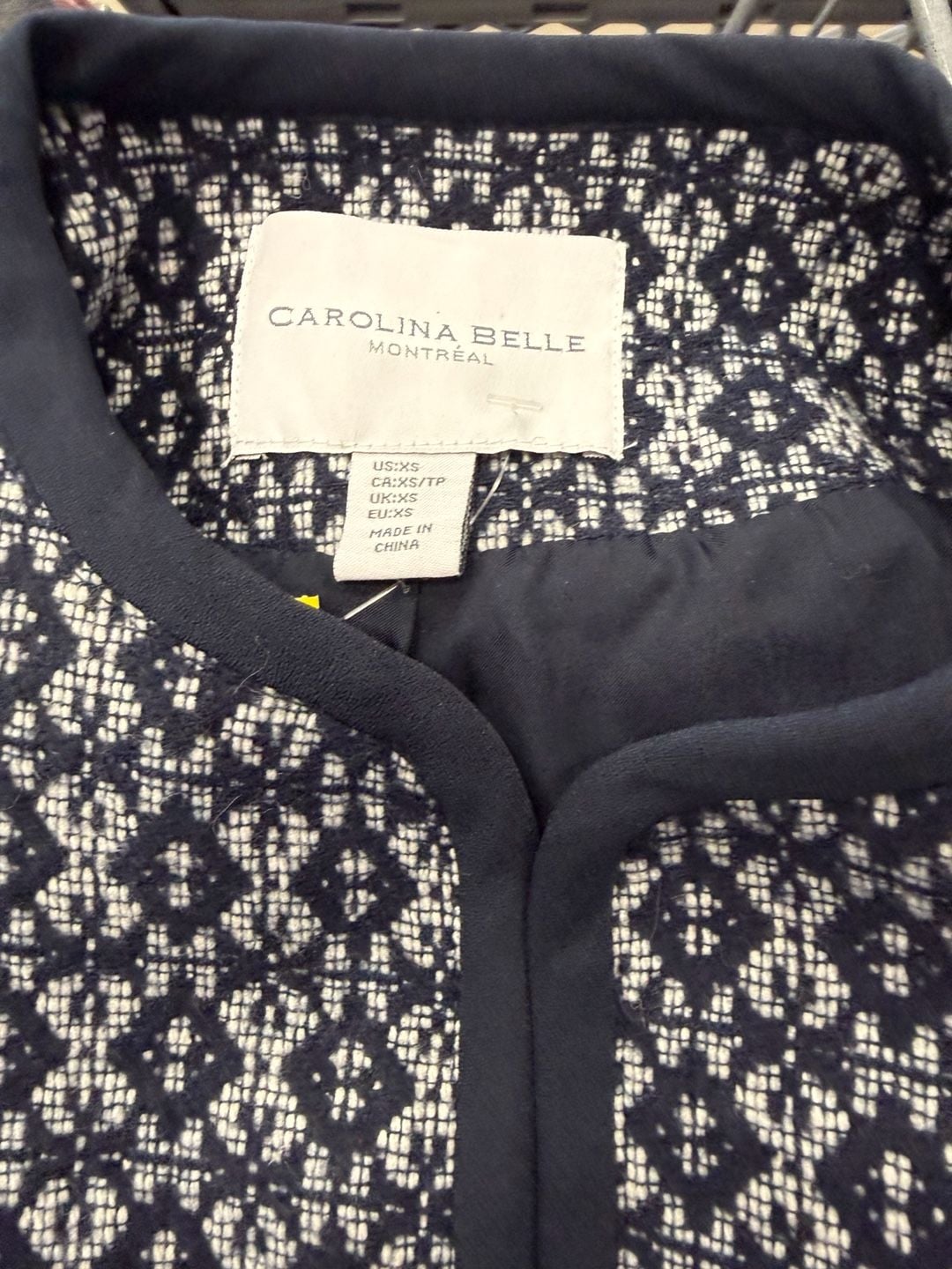 Carolina Belle Montreal Navy and White Geometric Pattern Collarless Open Front Jacket 3