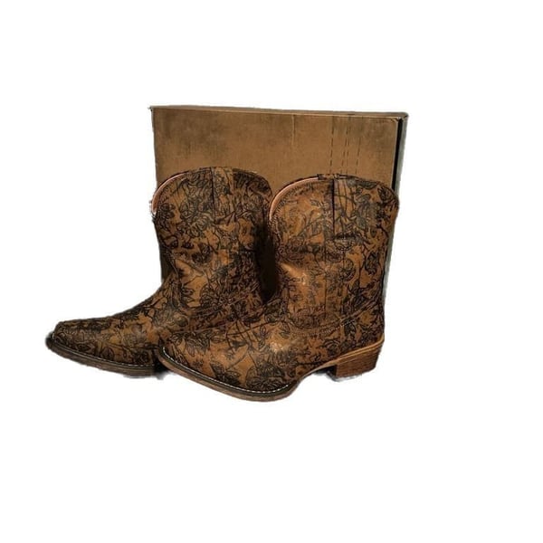 Roper Emma Floral Tan Vintage Faux Leather Snip Toe Western Ankle Boots
