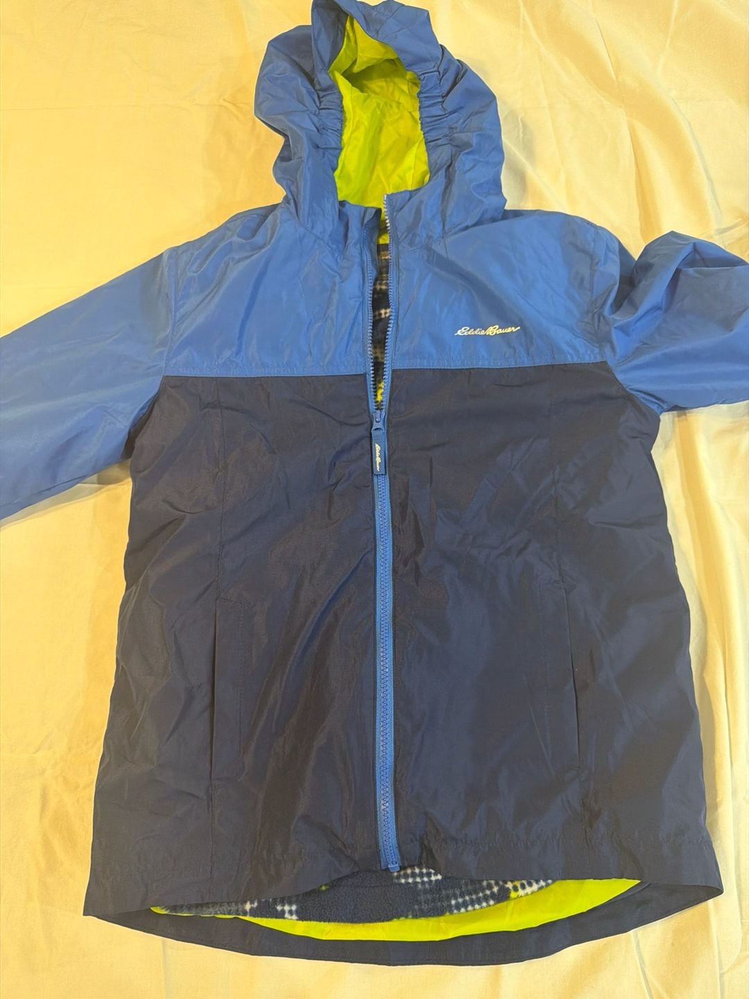Eddie Bauer Kids L (14/16) Fleece-Lined Hooded Rain Jacket Windbreaker Blue 2
