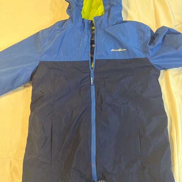 Eddie Bauer Kids L (14/16) Fleece-Lined Hooded Rain Jacket Windbreaker Blue