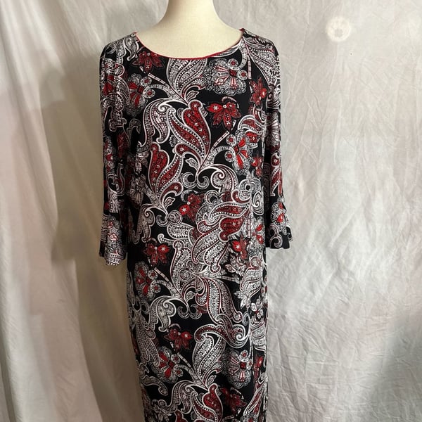 Liz Claiborne Red Black White Paisley Bell Sleeve Shift Dress Women's Size 16
