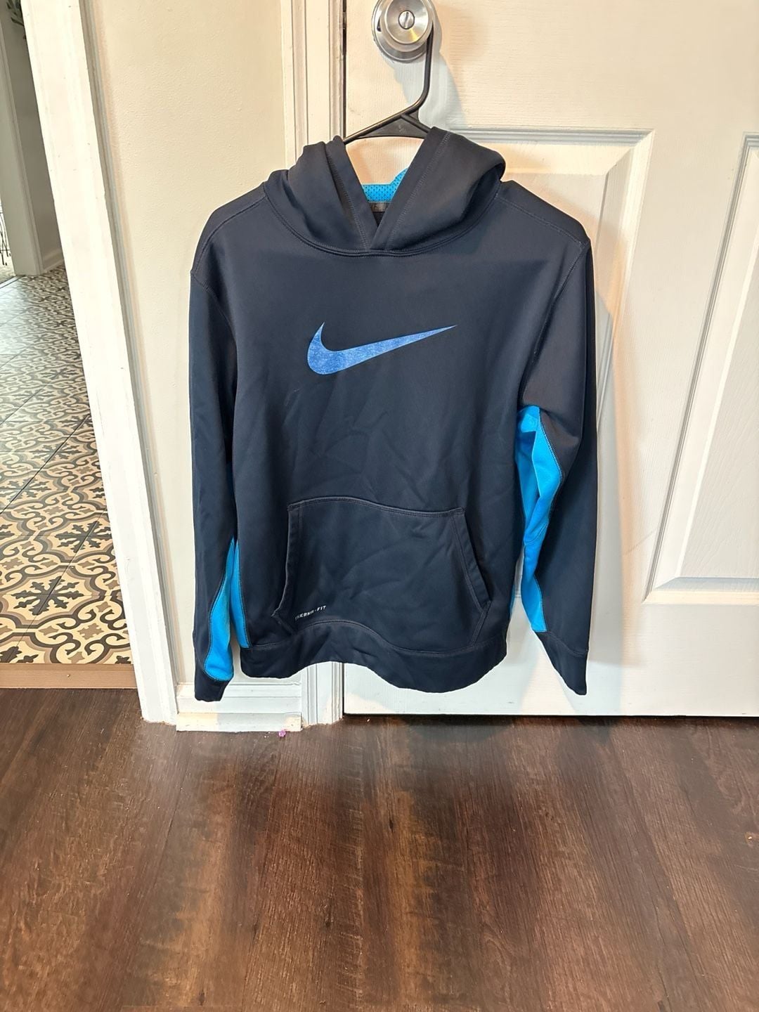 Nike Boys Therma-FIT Pullover Hoodie Navy Blue Teal Swoosh Size XL 6