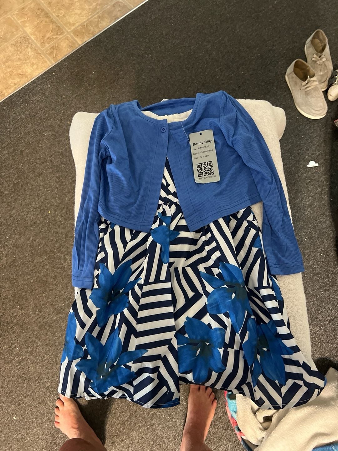 Bonny Billy Girls Flower Blue Dress and Cardigan 2-Piece Outfit Set 1