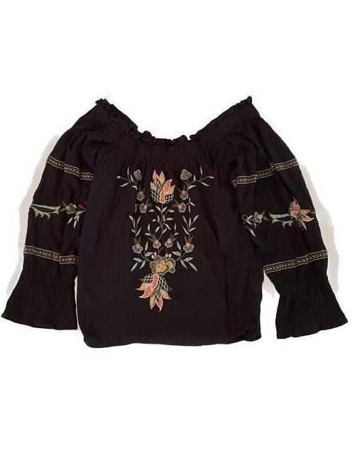 American Eagle Embroidered Off-The-Shoulder Boho Blouse, Black, Size Medium 2