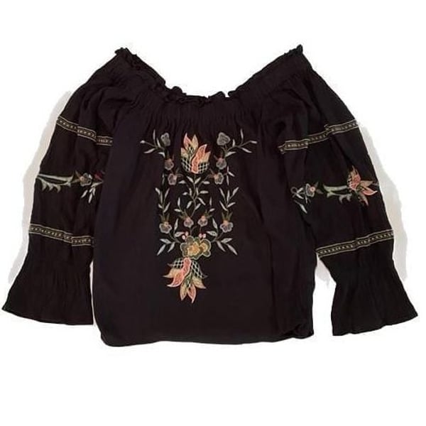 American Eagle Embroidered Off-The-Shoulder Boho Blouse, Black, Size Medium