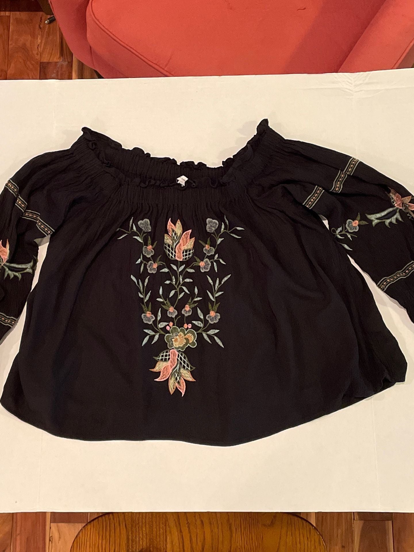 American Eagle Embroidered Off-The-Shoulder Boho Blouse, Black, Size Medium 3