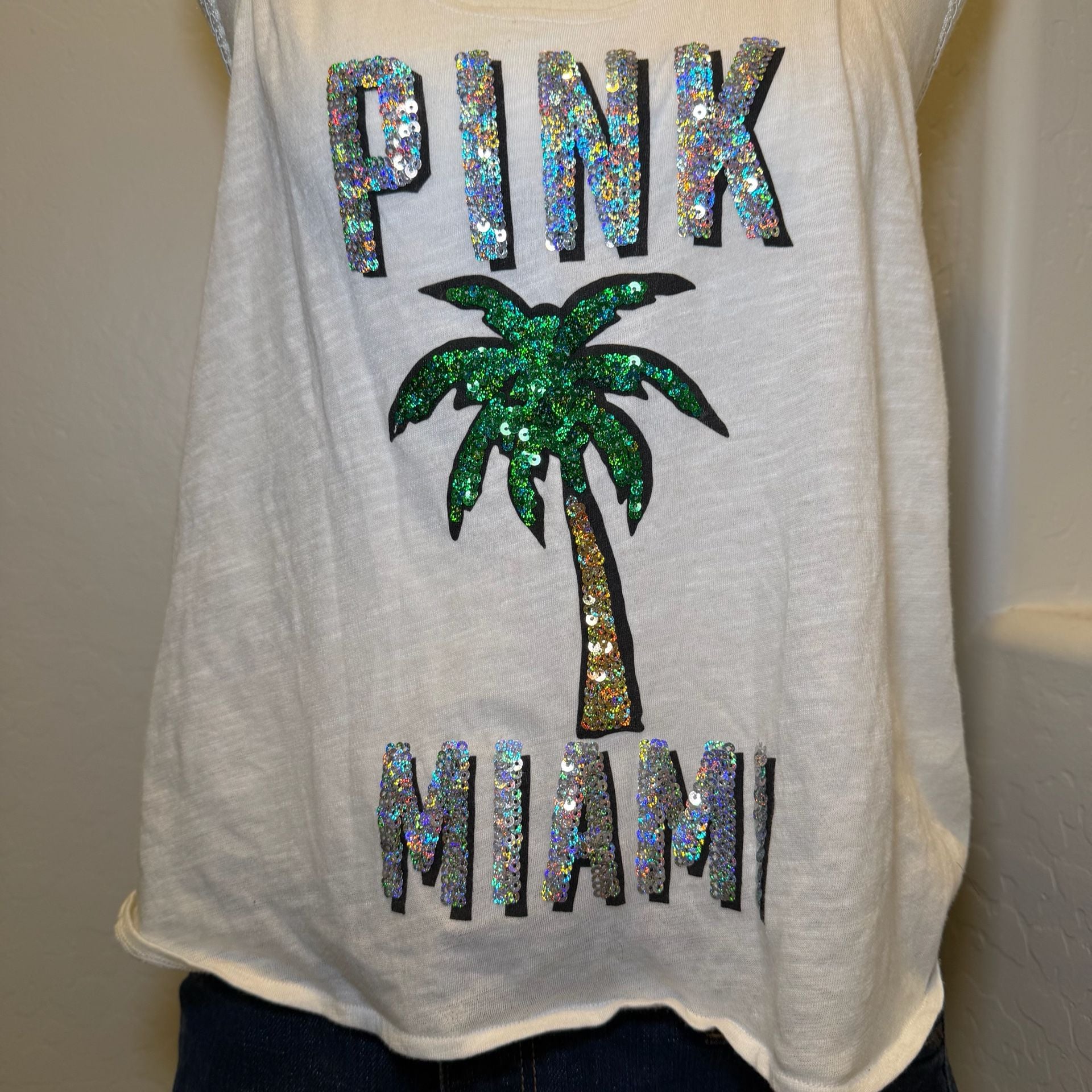 Victoria’s Secret PINK Sequin Miami Palm Tree Tank Top White XS Y2K Tropical 7