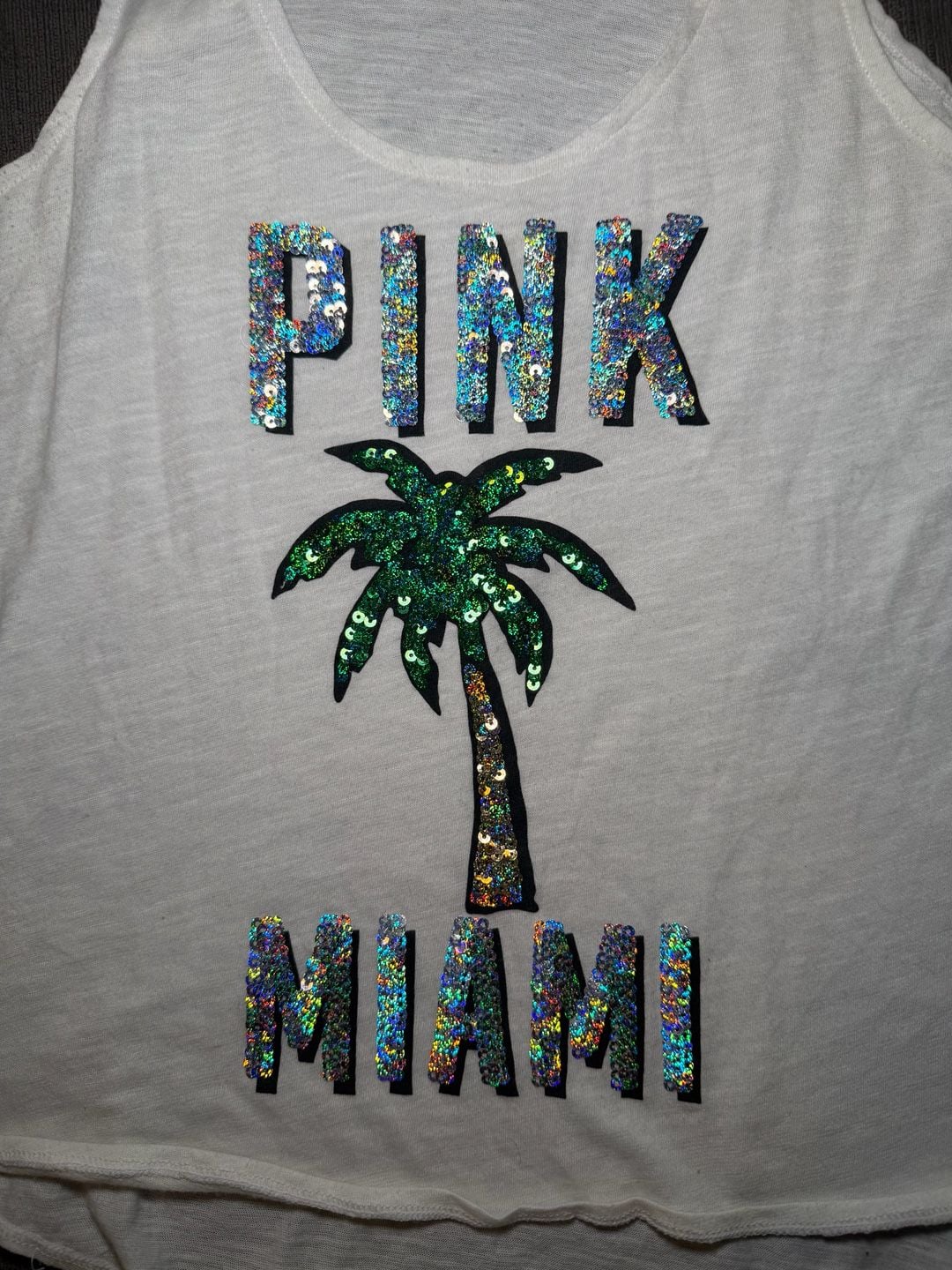 Victoria’s Secret PINK Sequin Miami Palm Tree Tank Top White XS Y2K Tropical 8