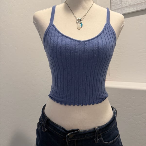 Blue Ribbed Knit Cami Tank XS Y2K Stretch Crop Spaghetti Strap Fitted