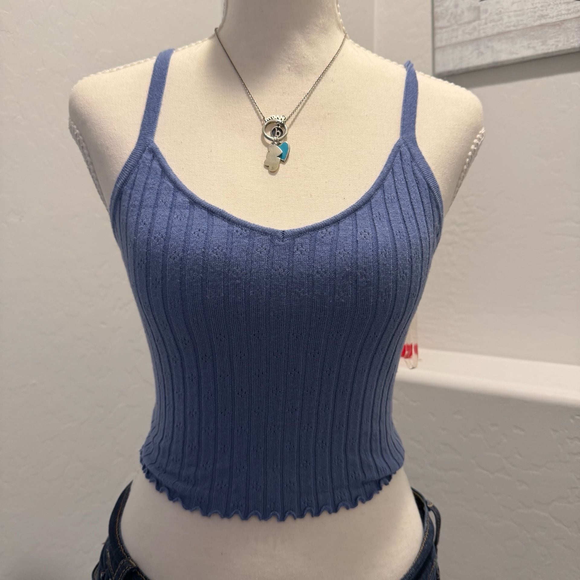 Blue Ribbed Knit Cami Tank XS Y2K Stretch Crop Spaghetti Strap Fitted 7