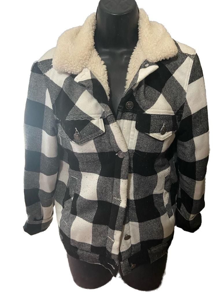 Love Tree Buffalo Plaid Sherpa Lined Trucker Jacket Black White Size Small 2