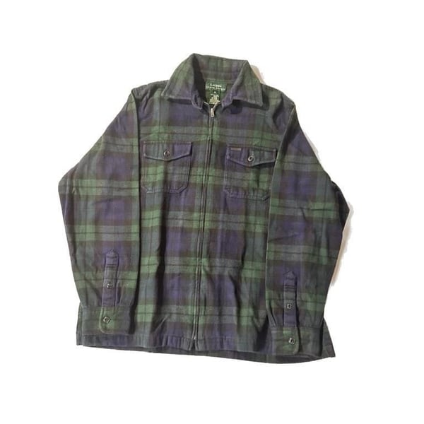 Ralph Lauren Blue and Green Blackwatch Tartan Plaid Full Zip Flannel Shirt Jacket Women's M