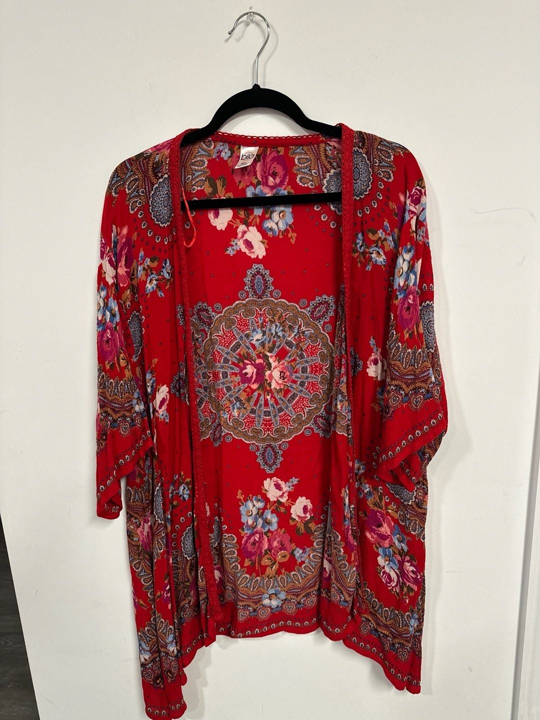 Bila Red Floral Boho Open Front Kimono Cardigan Size M/L 2
